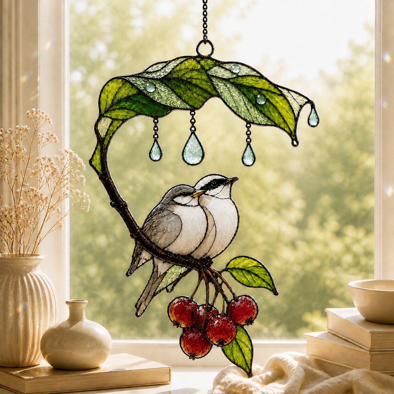 Bird Couple Under Leaf Umbrella Holographic Acrylic Suncatcher