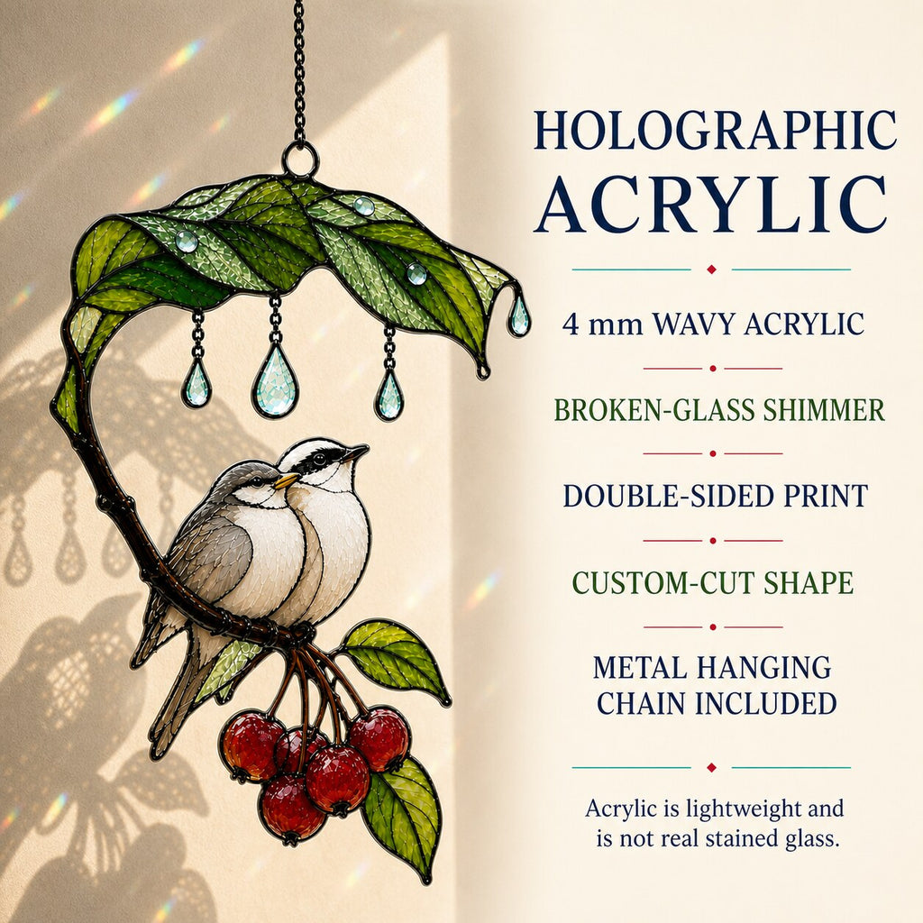 Bird Couple Under Leaf Umbrella Holographic Acrylic Suncatcher
