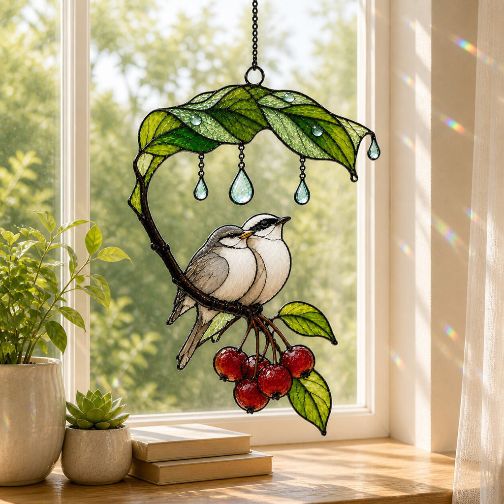Bird Couple Under Leaf Umbrella Holographic Acrylic Suncatcher