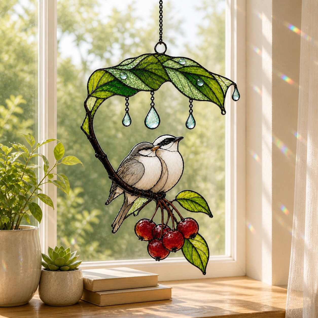 Bird Couple Under Leaf Umbrella Holographic Acrylic Suncatcher