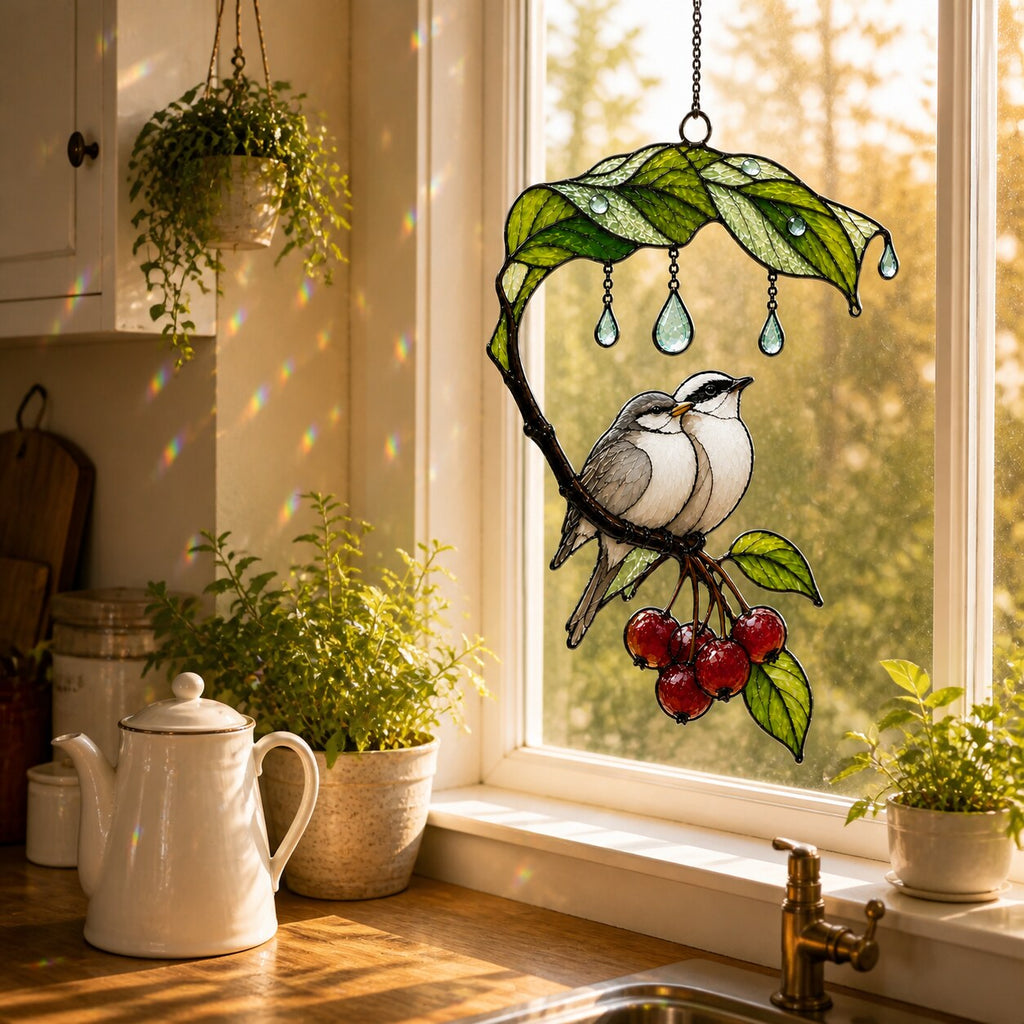 Bird Couple Under Leaf Umbrella Holographic Acrylic Suncatcher