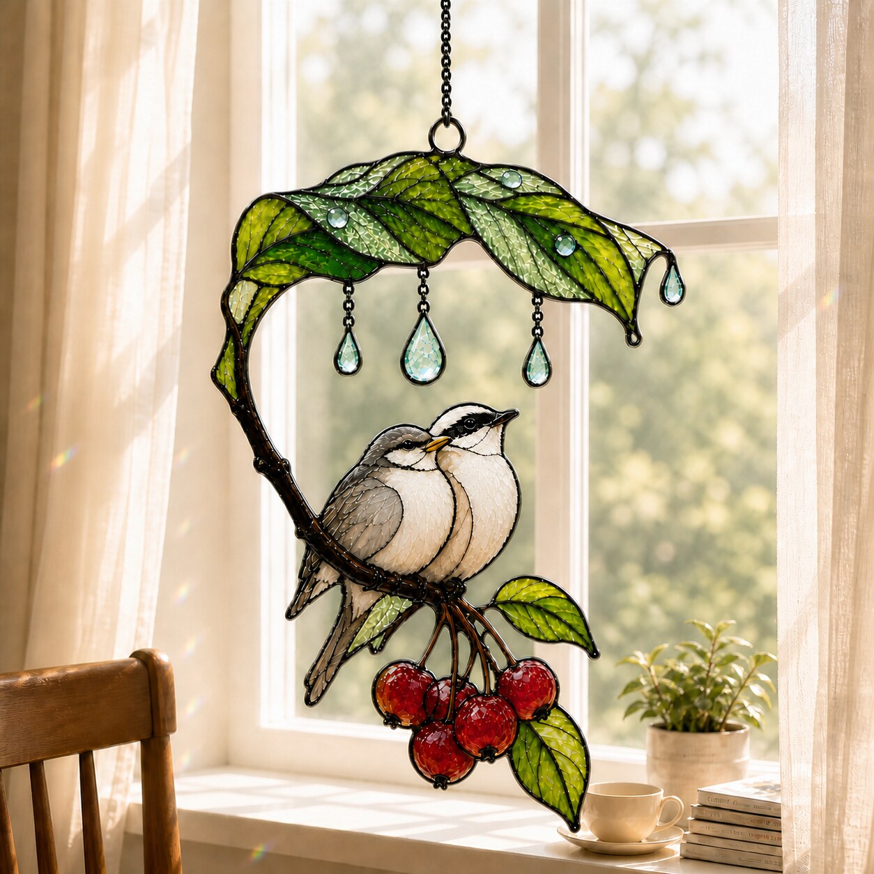 Bird Couple Under Leaf Umbrella Holographic Acrylic Suncatcher
