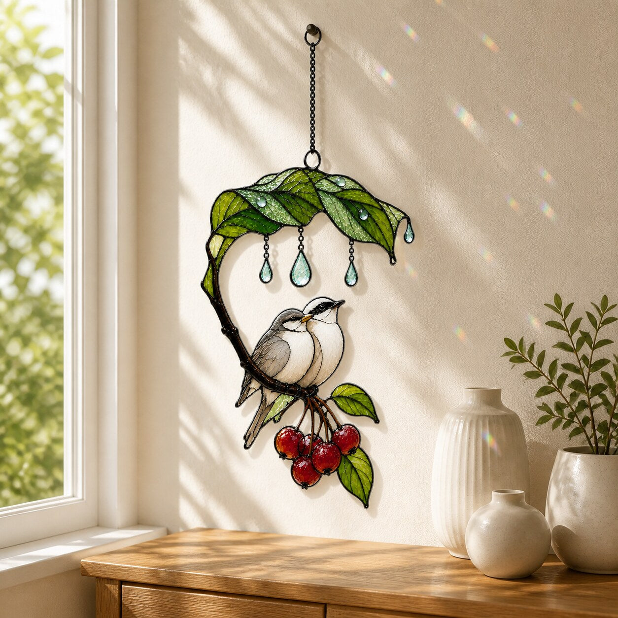 Bird Couple Under Leaf Umbrella Holographic Acrylic Suncatcher