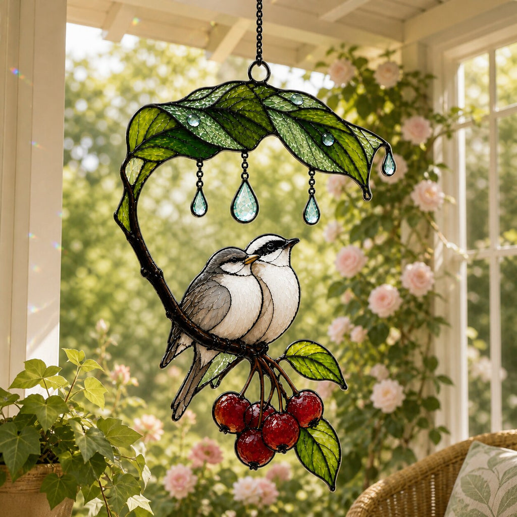 Bird Couple Under Leaf Umbrella Holographic Acrylic Suncatcher
