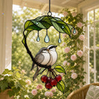 Bird Couple Under Leaf Umbrella Holographic Acrylic Suncatcher