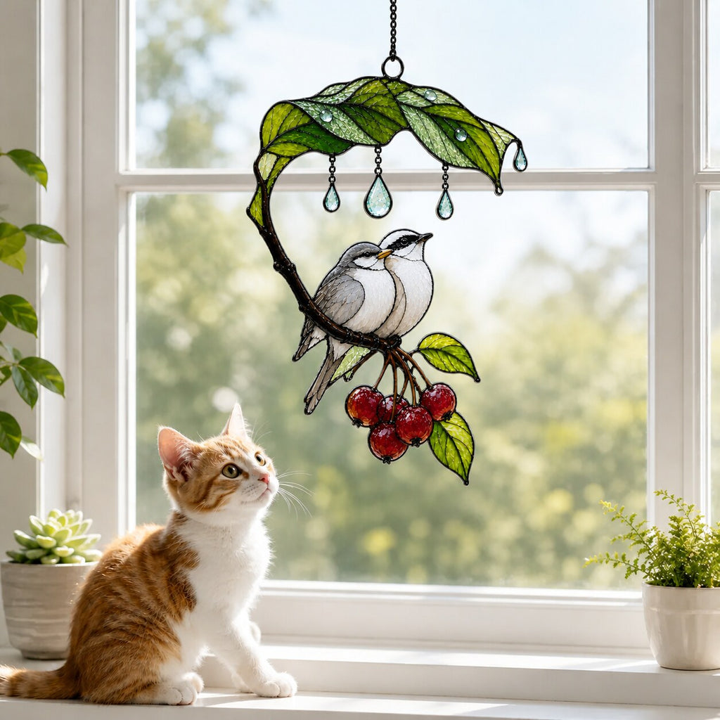 Bird Couple Under Leaf Umbrella Holographic Acrylic Suncatcher