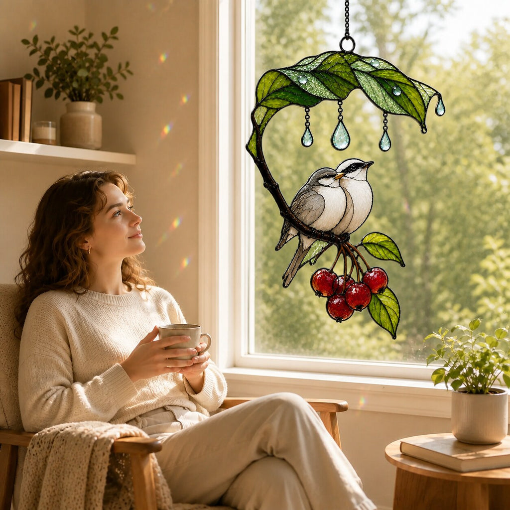 Bird Couple Under Leaf Umbrella Holographic Acrylic Suncatcher