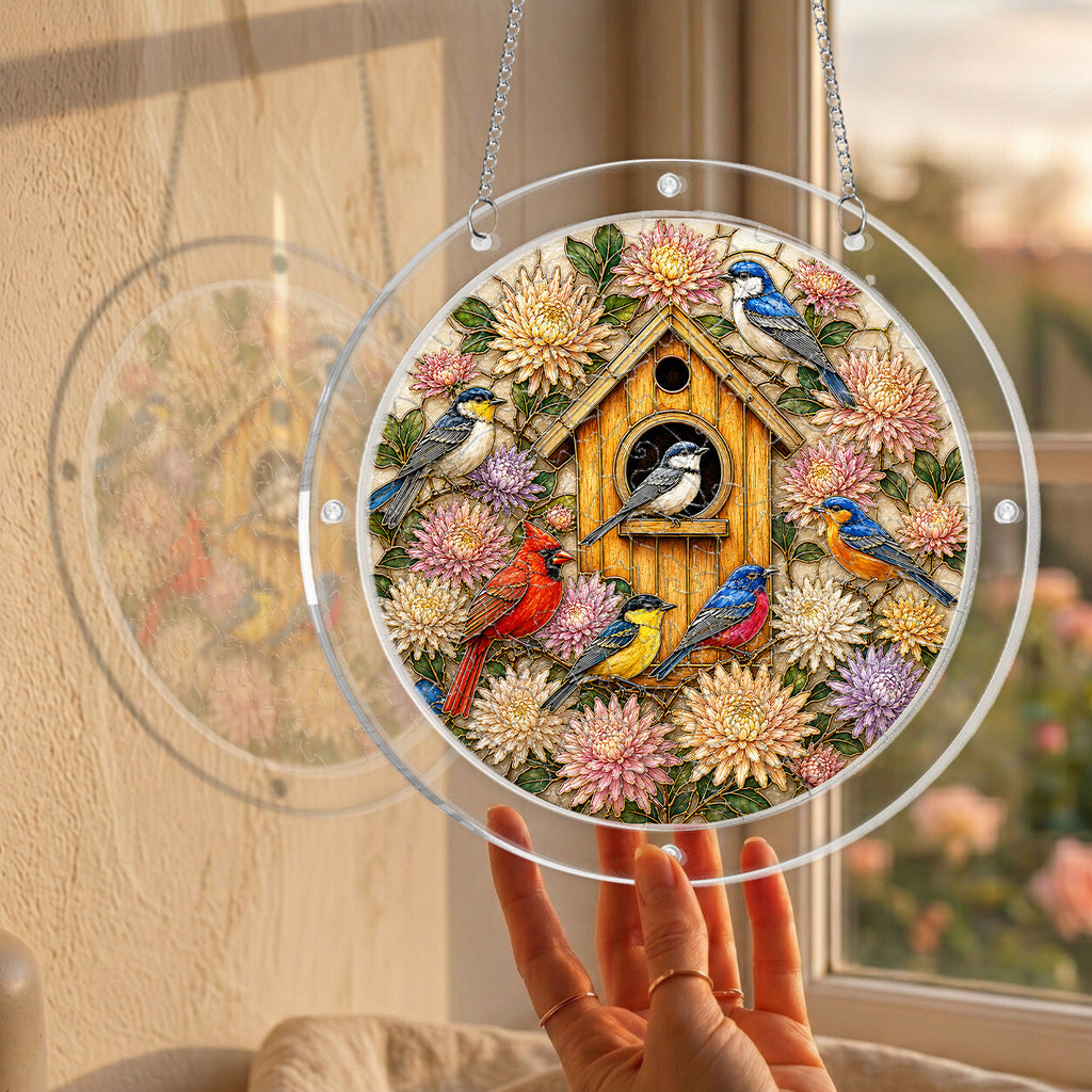 Birdhouse garden acrylic puzzle suncatcher, colorful DIY window decor