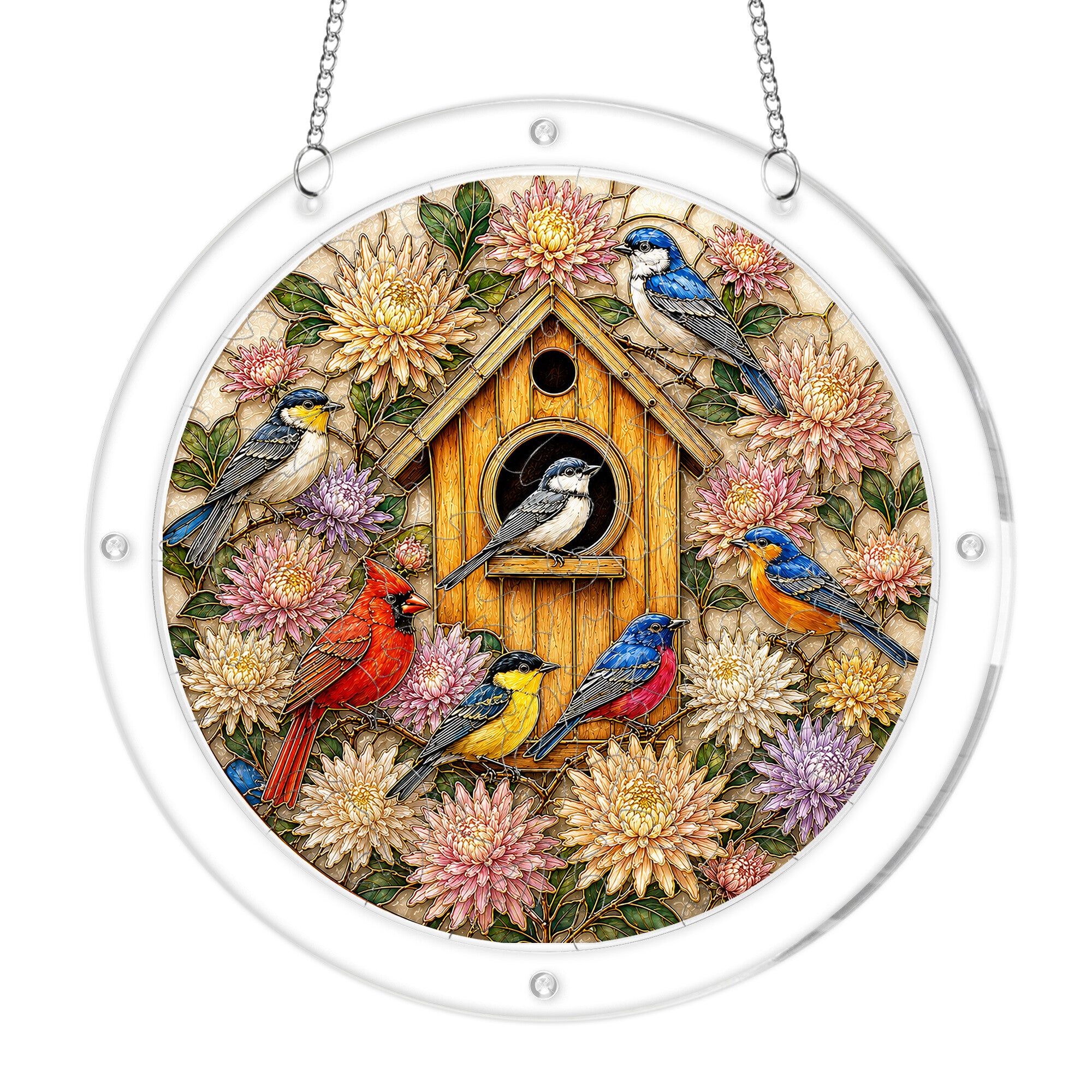 Birdhouse garden acrylic puzzle suncatcher, colorful DIY window decor