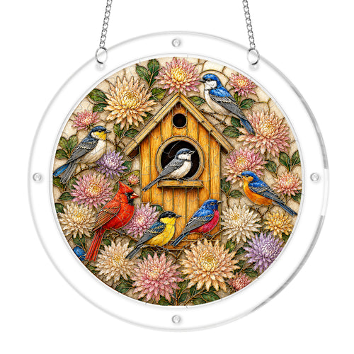 Birdhouse garden acrylic puzzle suncatcher, colorful DIY window decor