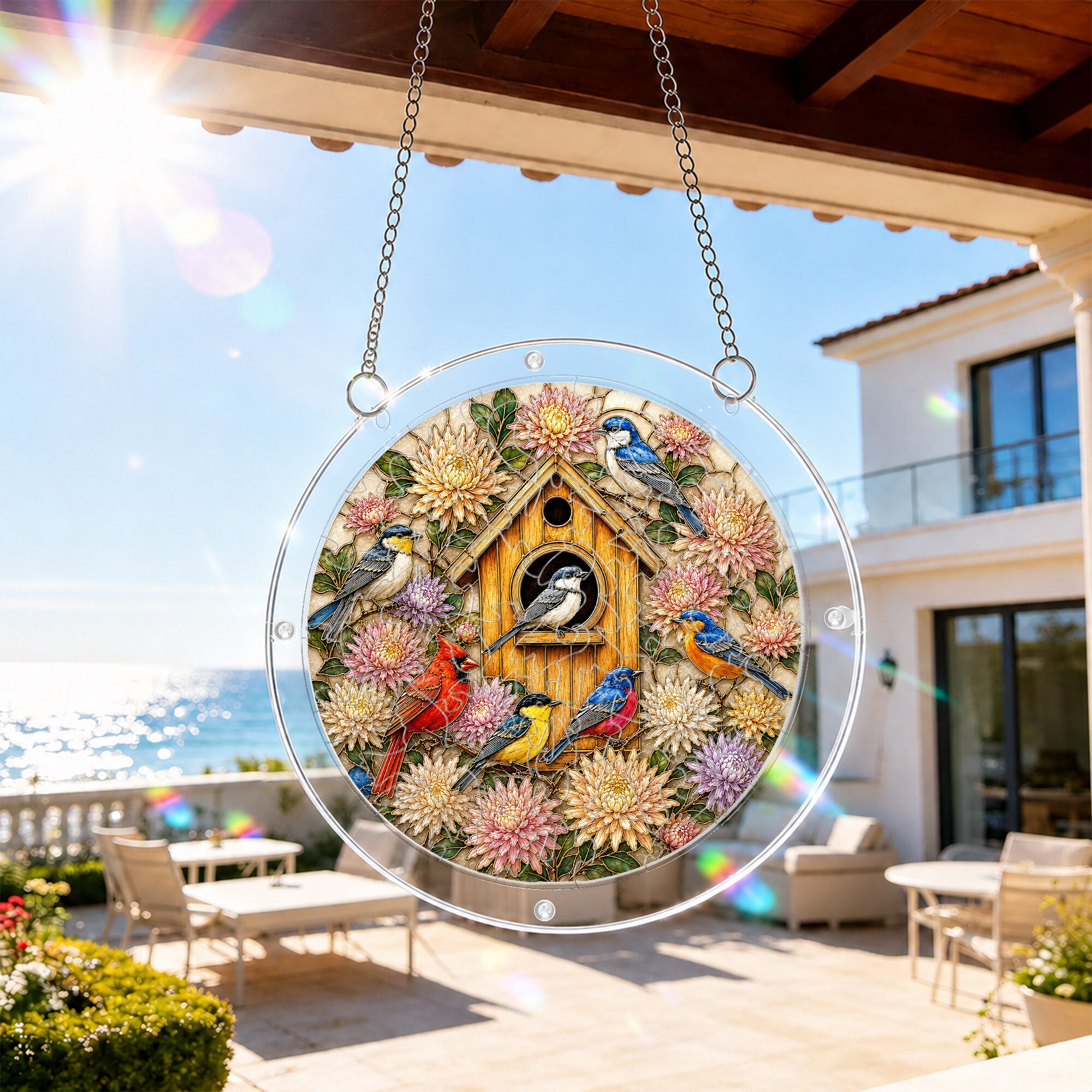 Birdhouse garden acrylic puzzle suncatcher, colorful DIY window decor