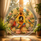 Birdhouse garden acrylic puzzle suncatcher, colorful DIY window decor