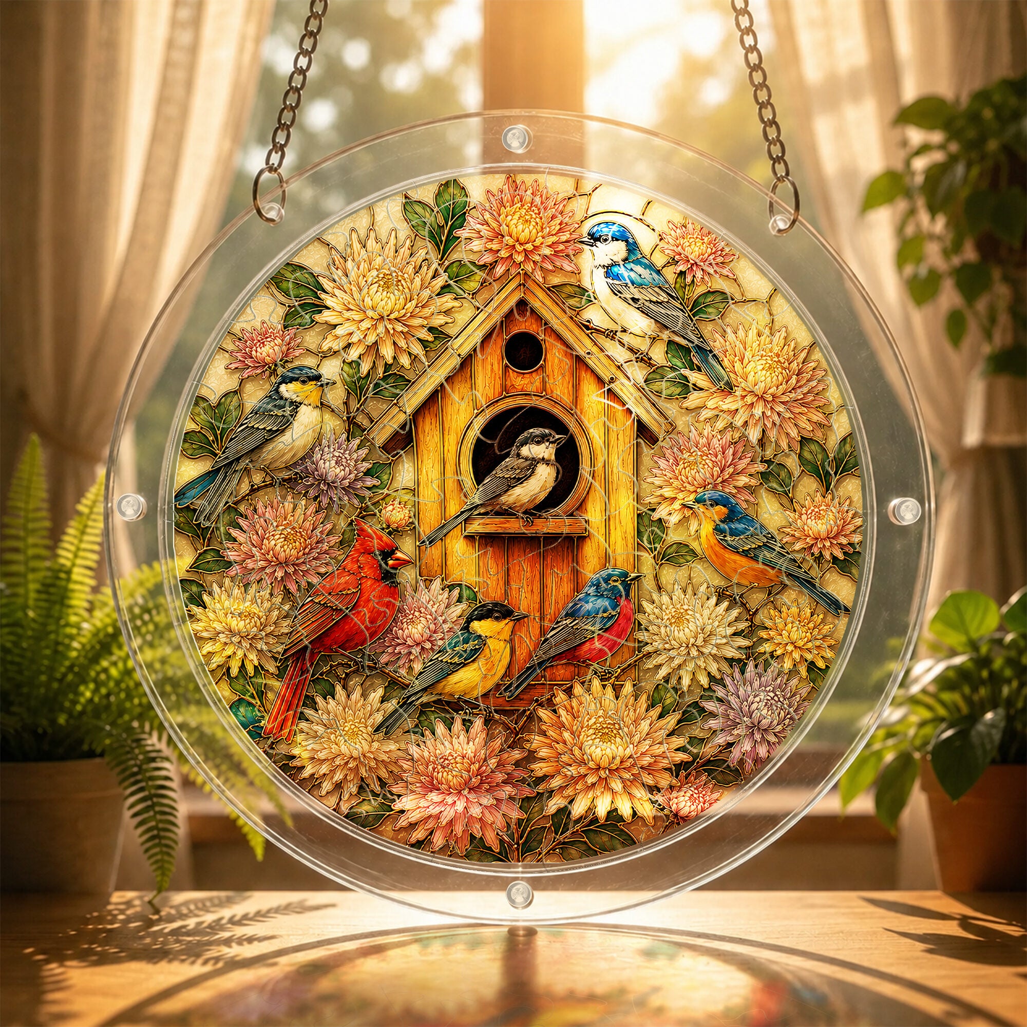 Birdhouse garden acrylic puzzle suncatcher, colorful DIY window decor