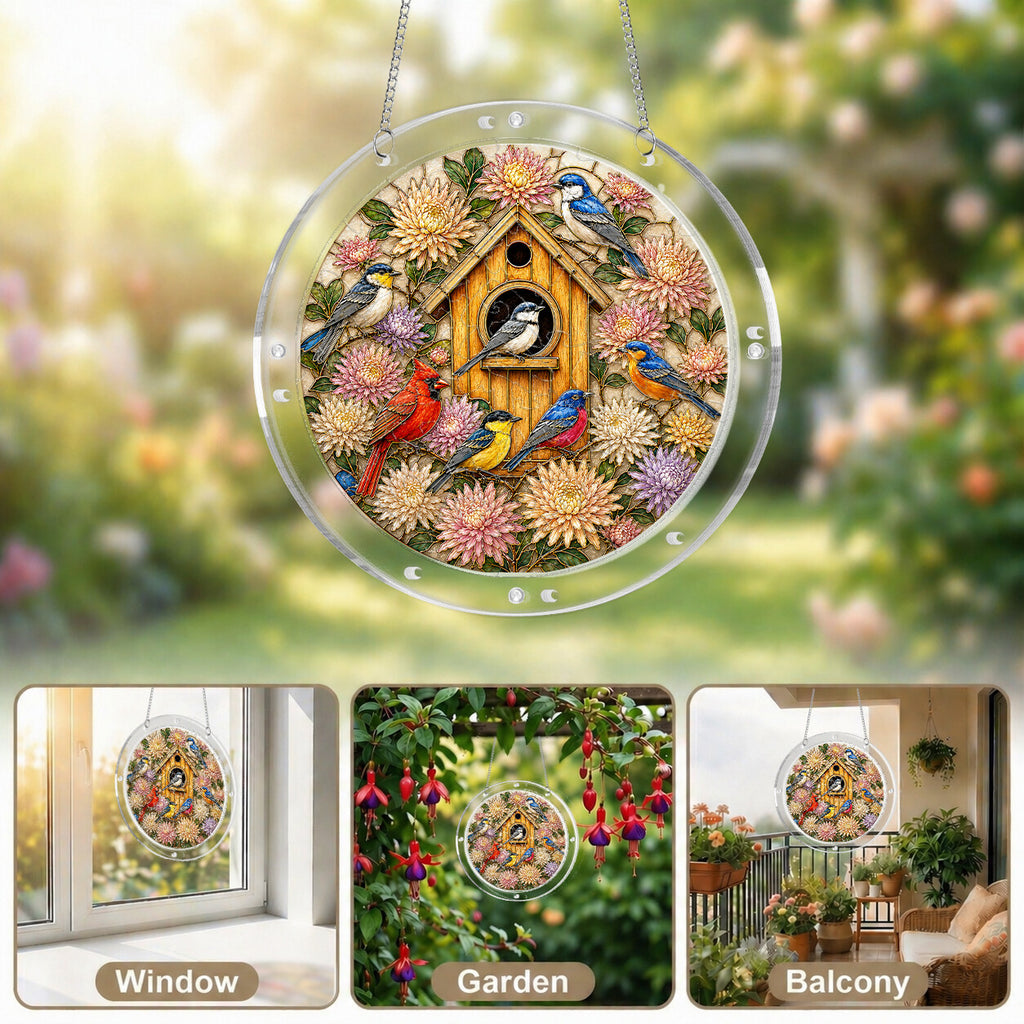 Birdhouse garden acrylic puzzle suncatcher, colorful DIY window decor