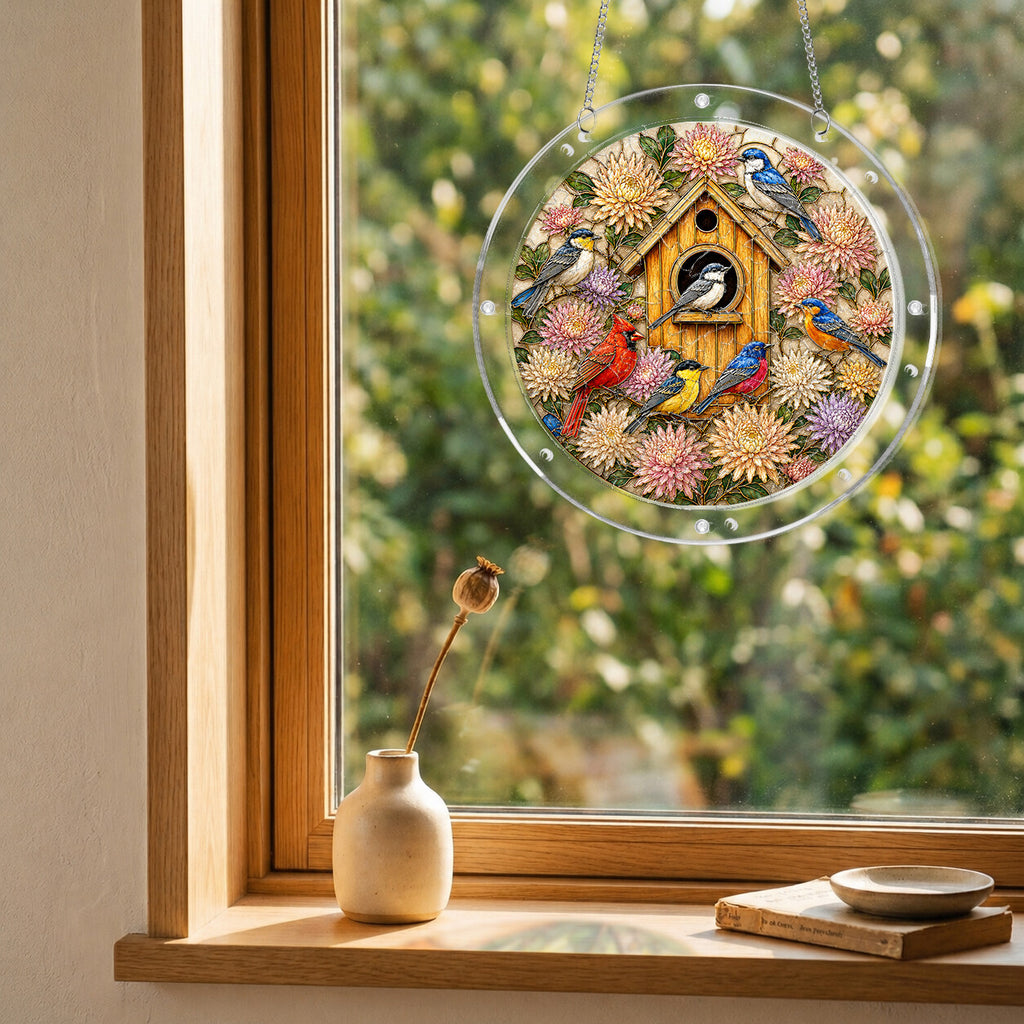 Birdhouse garden acrylic puzzle suncatcher, colorful DIY window decor