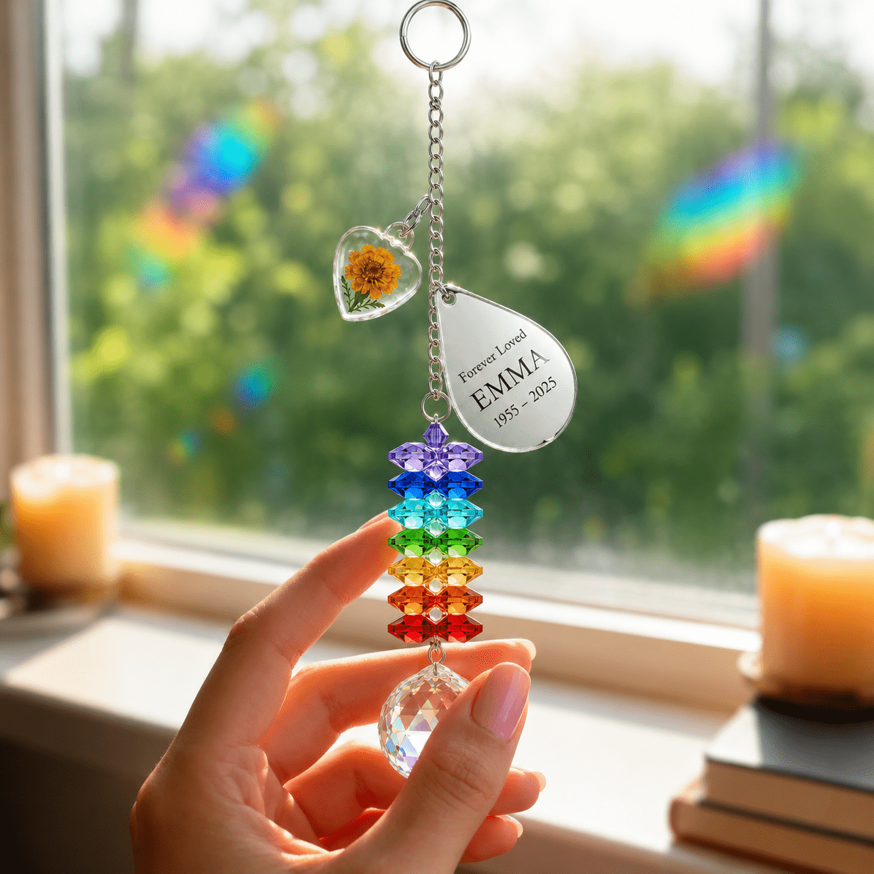 Hand holding personalized birth flower crystal suncatcher near a sunny window with rainbow reflections, marigold heart charm, custom Emma teardrop charm, and crystal ball