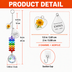 Product detail image of personalized birth flower crystal suncatcher showing 2 acrylic charms, charm size options, full hanging length, chain length, crystal ball size, and suction cup hook