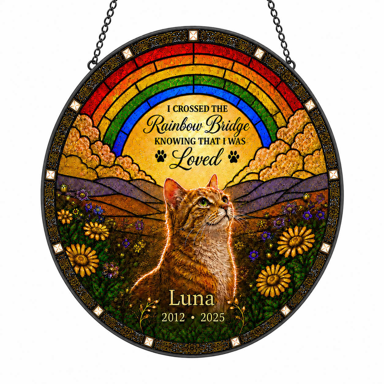 Personalized Rainbow Bridge Cat Memorial Glass Suncatcher