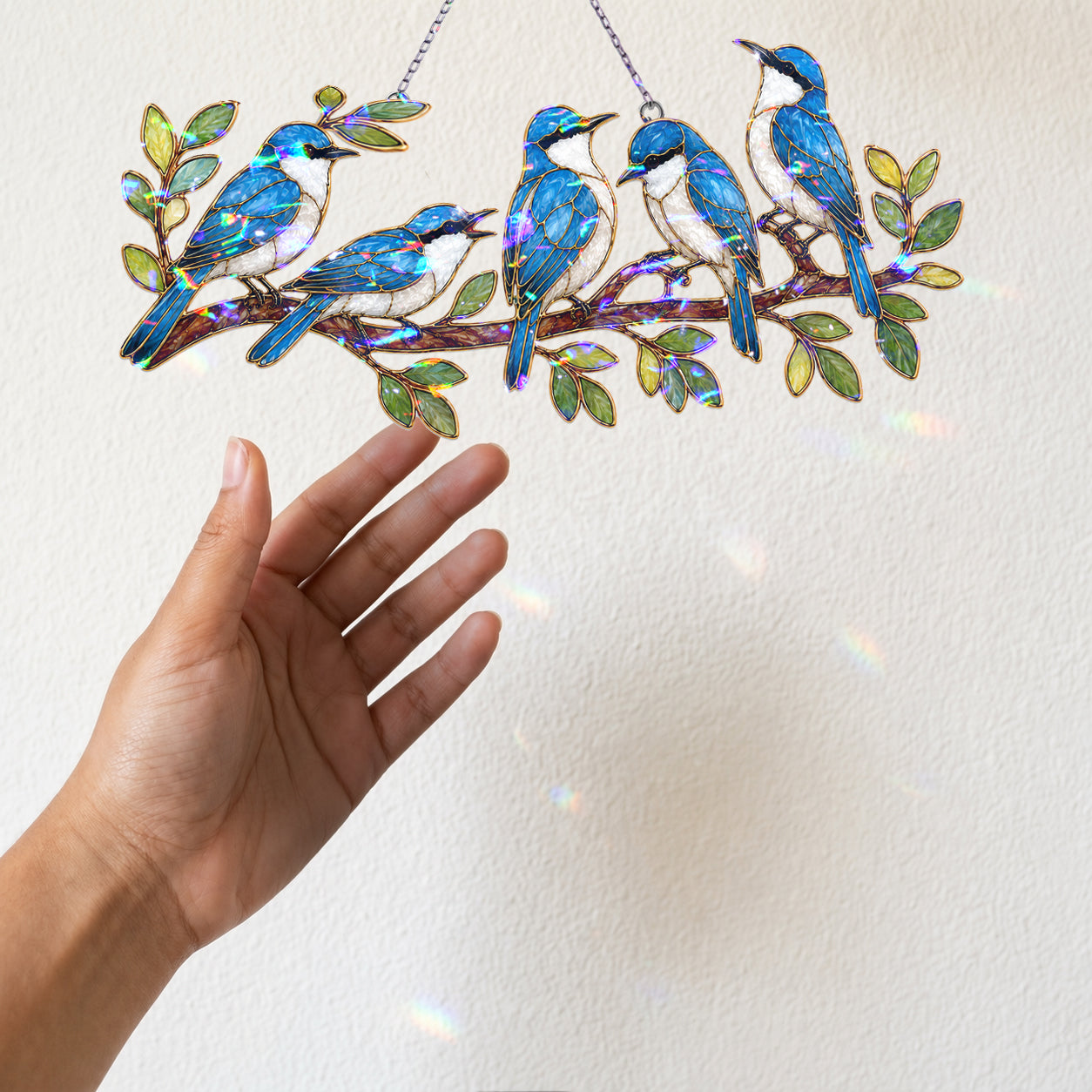 Blue birds on a branch holographic suncatcher as a bird and garden lover gift idea