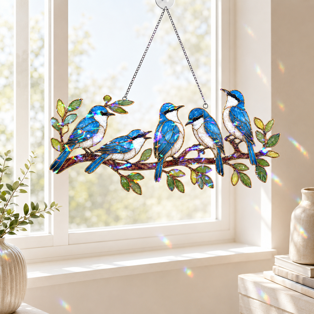 Blue birds on a branch acrylic suncatcher available in 6, 8, 10 and 12 inch sizes