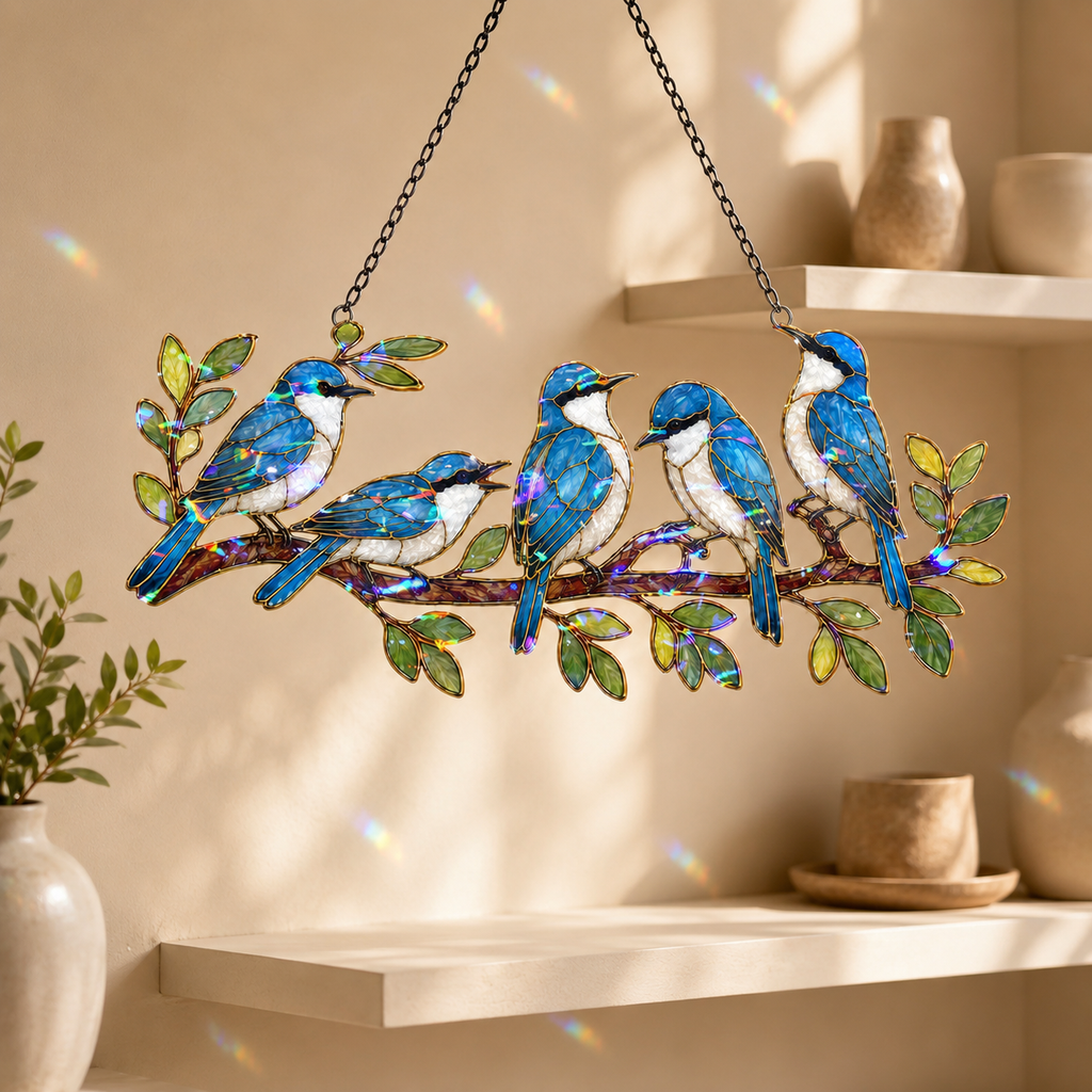Double-sided blue birds on a branch holographic acrylic suncatcher glowing in natural light