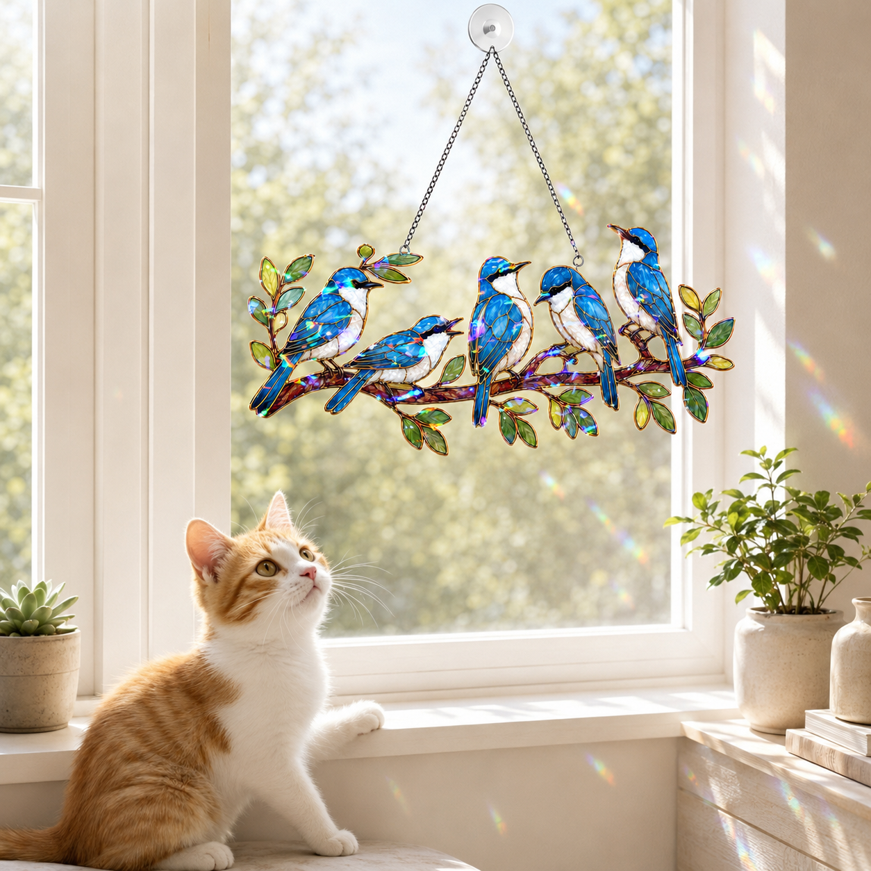 Blue birds on a branch holographic suncatcher shown full size, ready to hang with cord