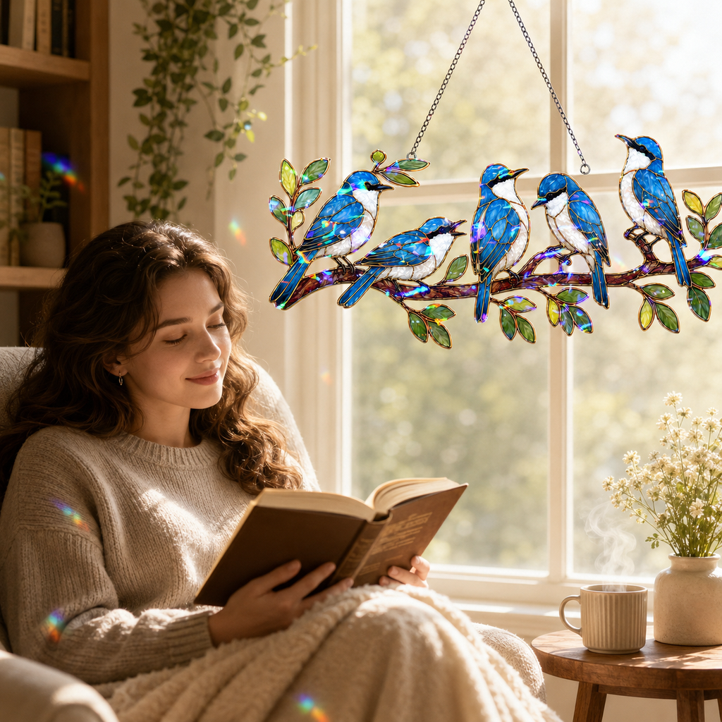 Blue birds on a branch acrylic suncatcher hanging in a sunlit window as home decor