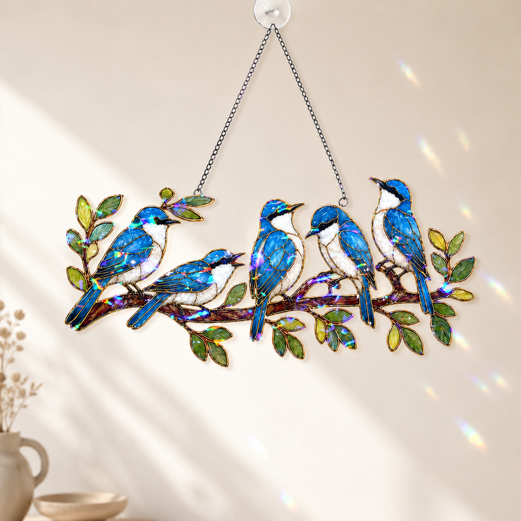 Close-up detail of the blue birds on a branch holographic acrylic suncatcher's wavy acrylic and hologram texture