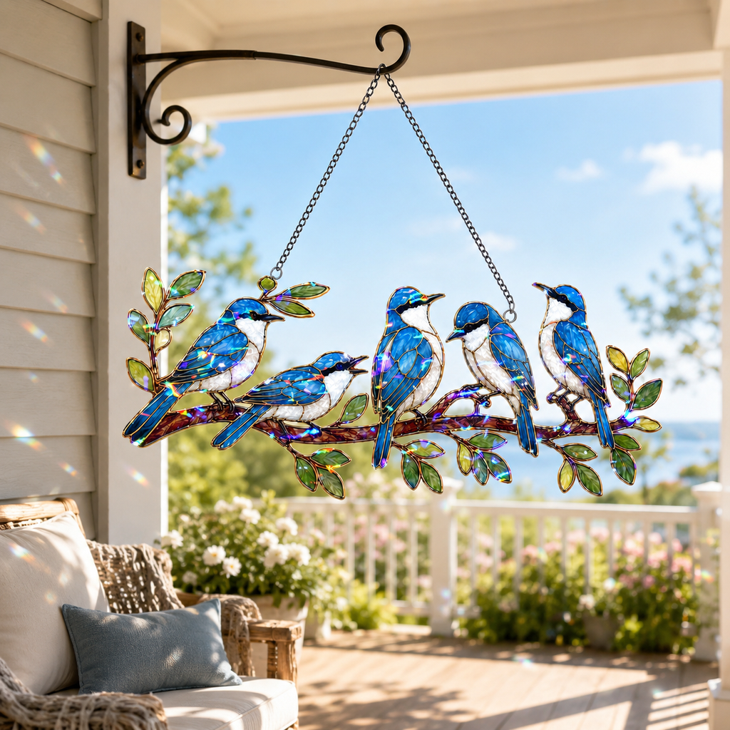 Blue birds on a branch holographic acrylic suncatcher with rainbow broken-glass hologram finish, hanging window ornament