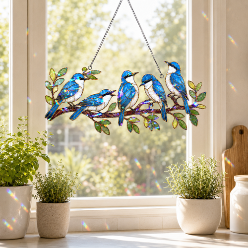 Blue birds on a branch holographic suncatcher catching sunlight and casting rainbow reflections in a window