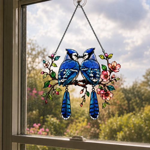 Blue Jay Couple on a Cherry Blossom Branch Holographic Acrylic Suncatcher