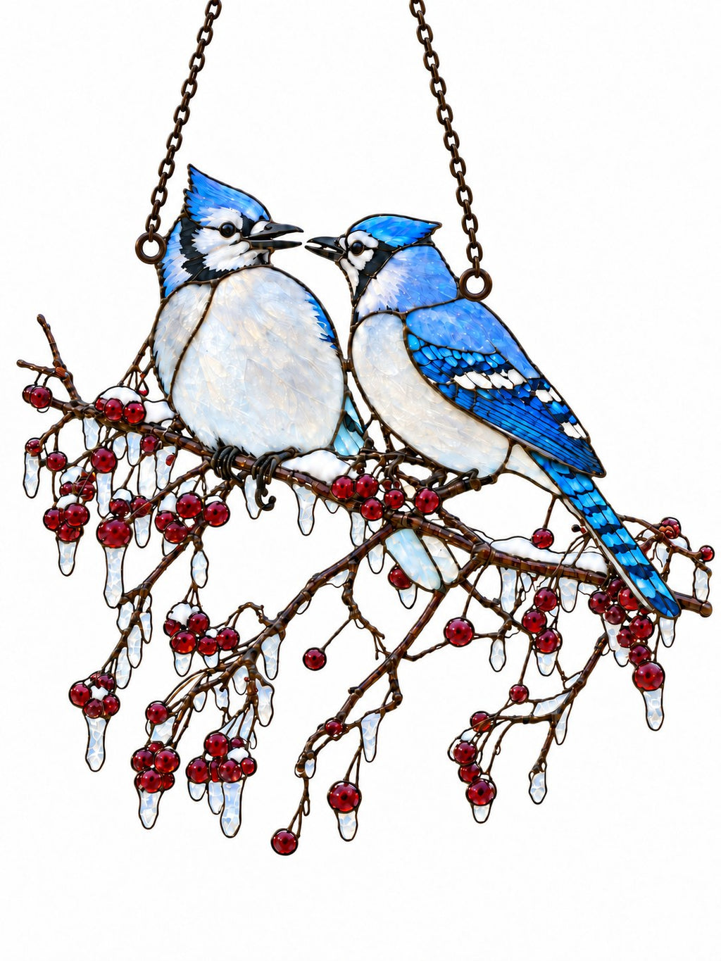 Blue Jay Couple on Icy Berry Branch Holographic Acrylic Suncatcher