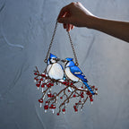Blue Jay Couple on Icy Berry Branch Holographic Acrylic Suncatcher
