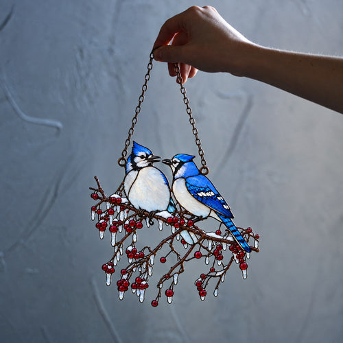 Blue Jay Couple on Icy Berry Branch Holographic Acrylic Suncatcher