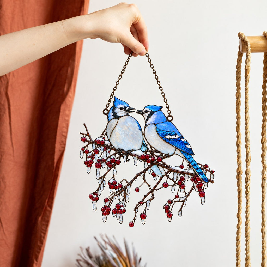 Blue Jay Couple on Icy Berry Branch Holographic Acrylic Suncatcher