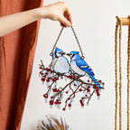 Blue Jay Couple on Icy Berry Branch Holographic Acrylic Suncatcher