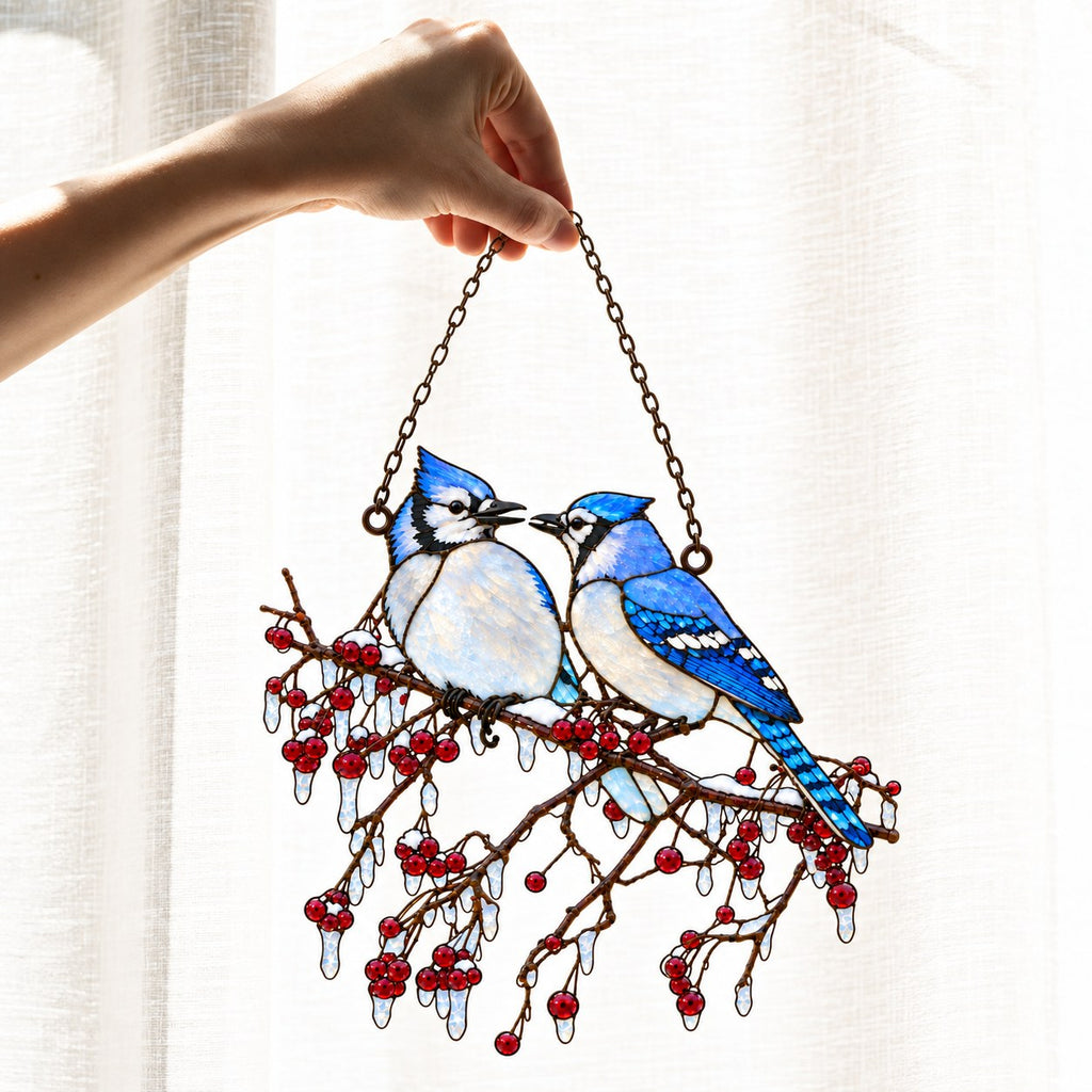 Blue Jay Couple on Icy Berry Branch Holographic Acrylic Suncatcher