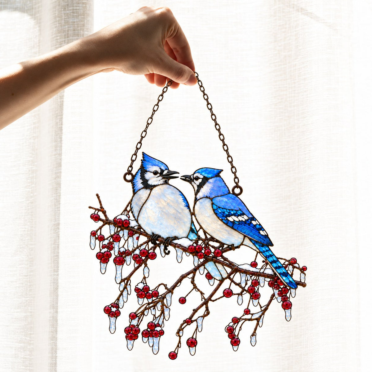 Blue Jay Couple on Icy Berry Branch Holographic Acrylic Suncatcher