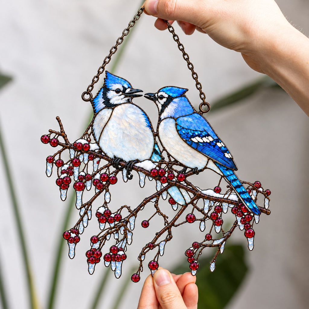 Blue Jay Couple on Icy Berry Branch Holographic Acrylic Suncatcher