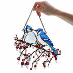 Blue Jay Couple on Icy Berry Branch Holographic Acrylic Suncatcher