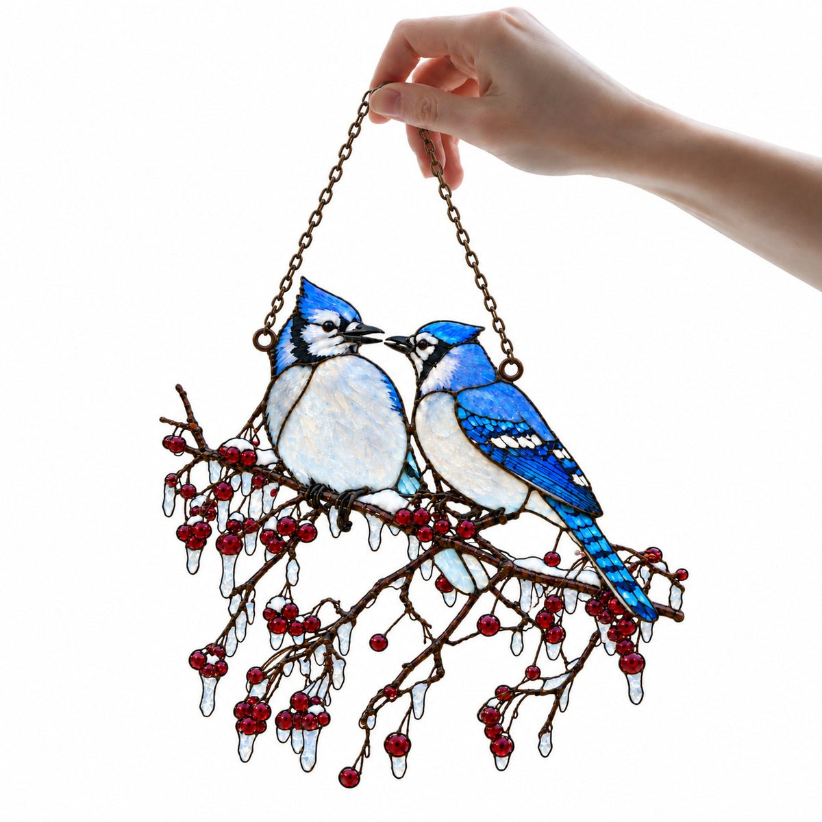 Blue Jay Couple on Icy Berry Branch Holographic Acrylic Suncatcher
