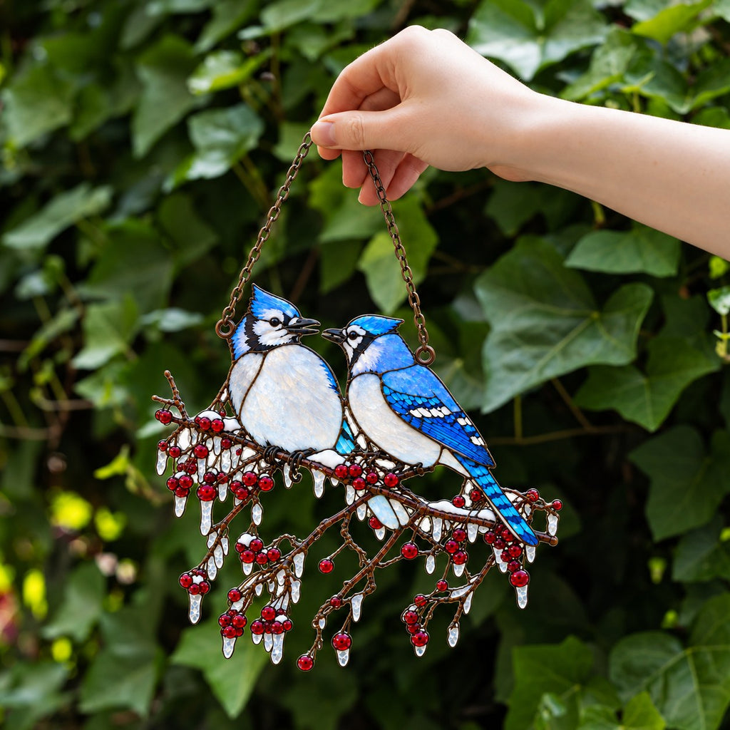 Blue Jay Couple on Icy Berry Branch Holographic Acrylic Suncatcher