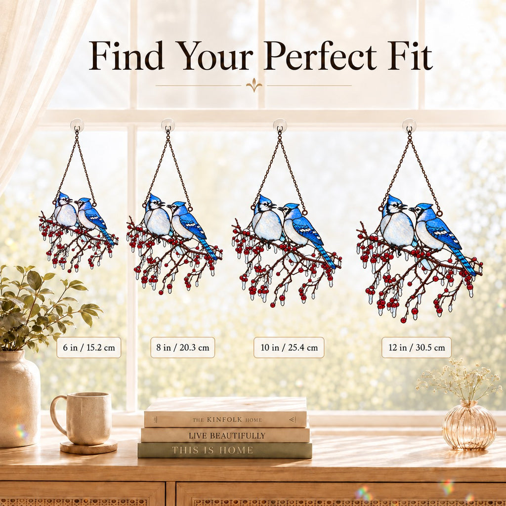 Blue Jay Couple on Icy Berry Branch Holographic Acrylic Suncatcher