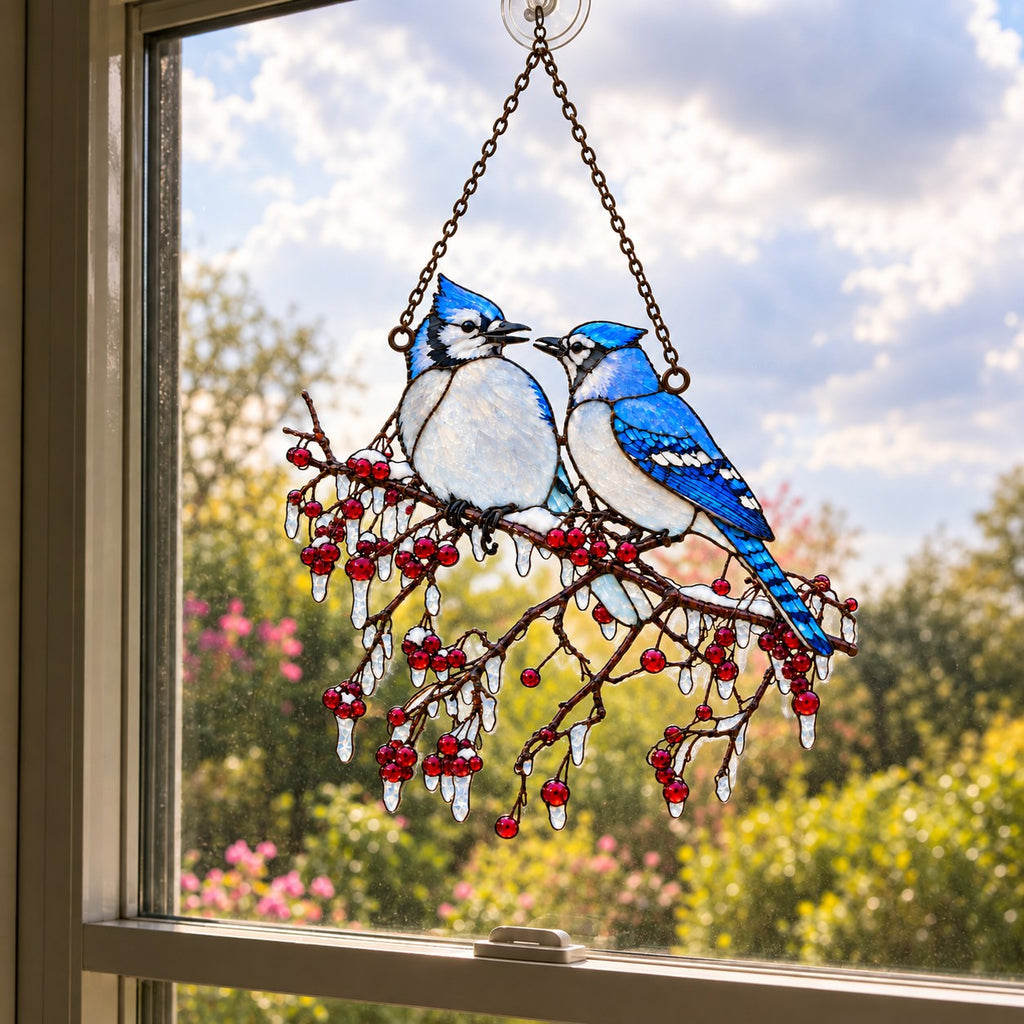 Blue Jay Couple on Icy Berry Branch Holographic Acrylic Suncatcher