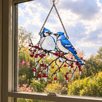 Blue Jay Couple on Icy Berry Branch Holographic Acrylic Suncatcher