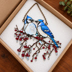 Blue Jay Couple on Icy Berry Branch Holographic Acrylic Suncatcher