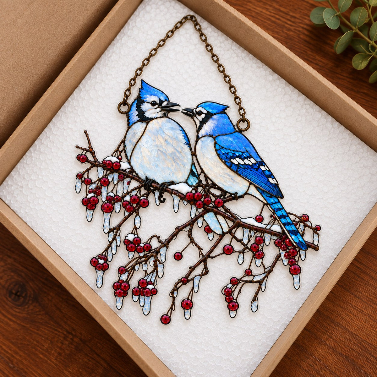 Blue Jay Couple on Icy Berry Branch Holographic Acrylic Suncatcher
