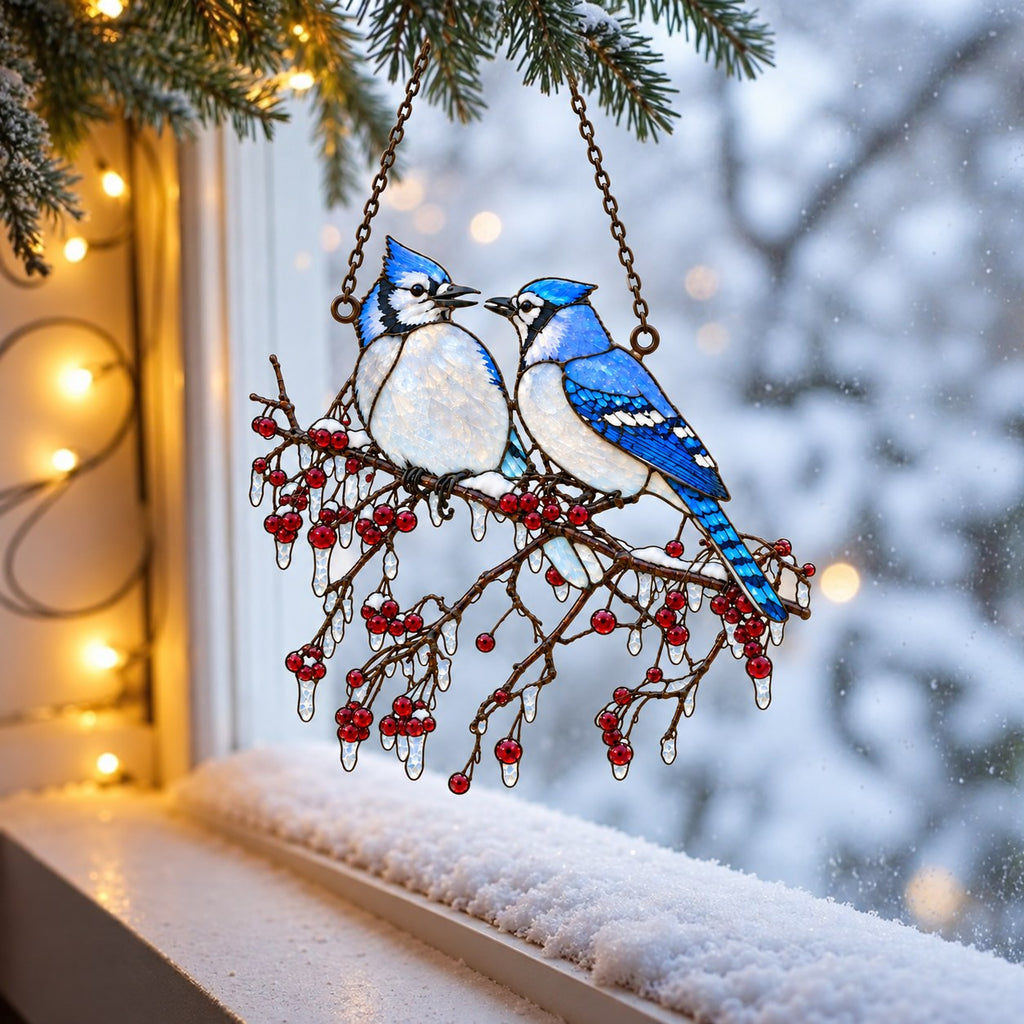 Blue Jay Couple on Icy Berry Branch Holographic Acrylic Suncatcher