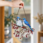 Blue Jay Couple on Icy Berry Branch Holographic Acrylic Suncatcher