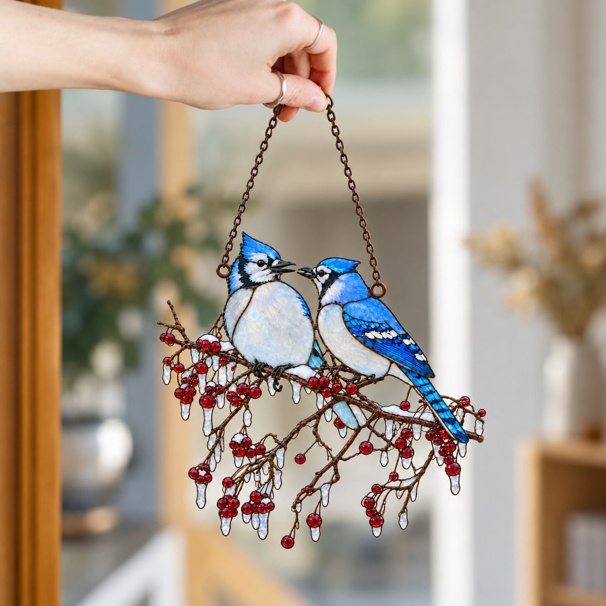 Blue Jay Couple on Icy Berry Branch Holographic Acrylic Suncatcher